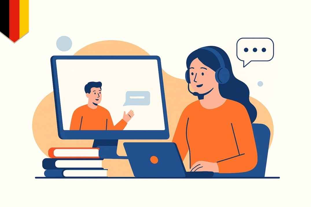 Advanced German class with professional business presentation and discussion